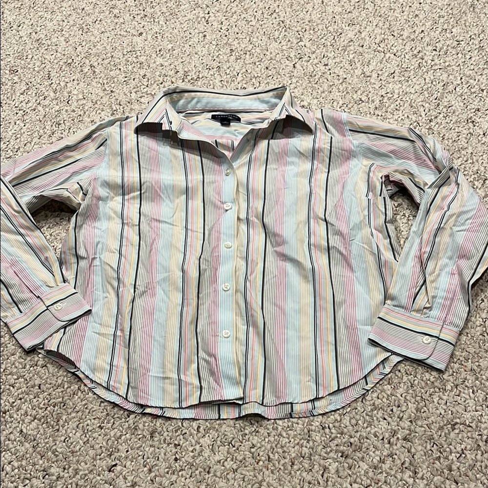 Lands' End Casual Button Down Shirt Sz 14P Stripe Rainbow Pastel Spring Color